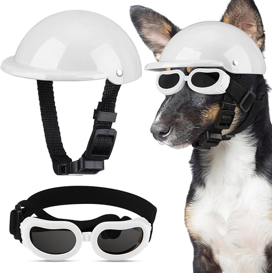 Frienda Dog Helmet and Goggles, UV Protection Doggy Sunglasses and 4 Inch Padded Puppy Motorcycle Helmet Adorable Dog Goggles with Adjustable Belt for Small Dogs Puppy Riding (White,L)