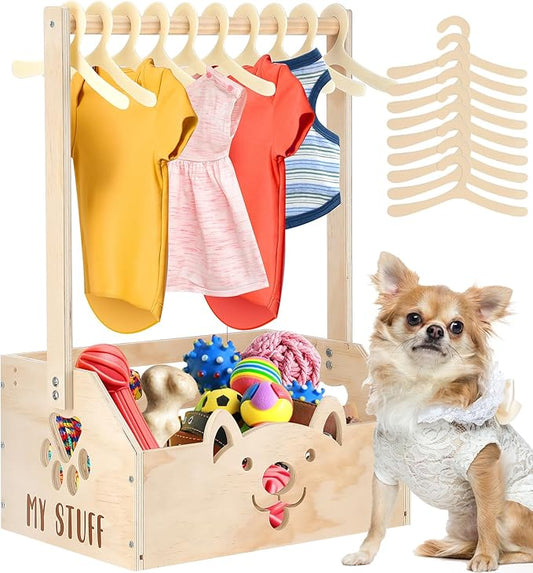 Chunful Dog Closet Wooden Pet Wardrobe Closet Dog Toy Storage Bin with Handle Pet Clothes Rack for Cat Organization and Storage Accessories, 19" x 13" x 9"