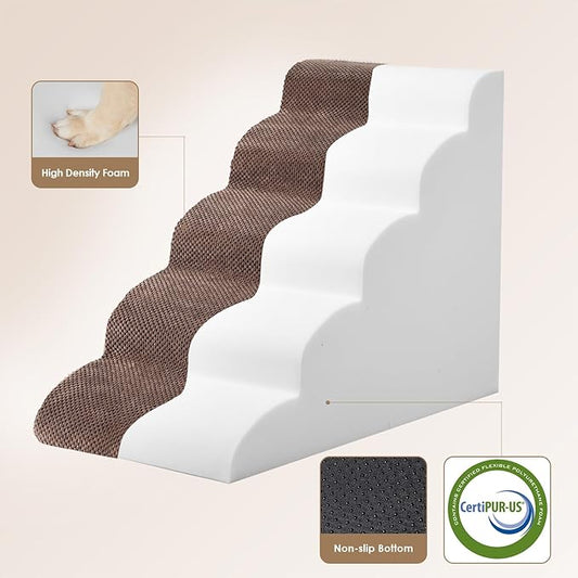 EHEYCIGA Curved Dog Stairs Ramp for High Beds 22.6" H, 5-Step Dog Steps for Small Dogs and Cats, Pet Stairs for High Bed Climbing, Non-Slip Balanced Pet Step Indoor, Brown