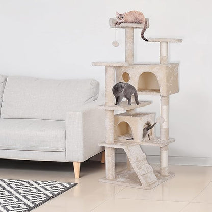 53 inches Heavy Duty Multi-Level Cat Tree Tower with Condo Furniture & Scratching Posts for Kittens Play Rest (Beige)