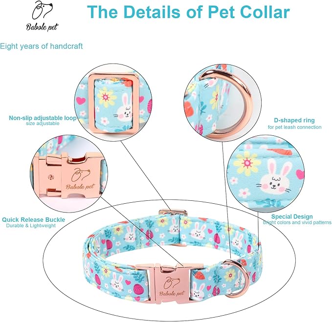 Easter Dog Collar, Cute Blue Bunny Easter Collar for Boy Girl Dogs, Adjustable Heavy Duty Spring Holiday Dog Collars for Small Medium Large Dogs with Metal Buckle M