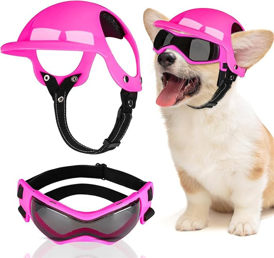SlowTon Dog Helmet and Goggles - UV Protection Doggy Sunglasses Dog Glasses Pet Motorcycle Helmet Hat with Ear Holes Adjustable Belt Safety Hat for Small Medium Large Dogs Puppy Riding (Pink, S)