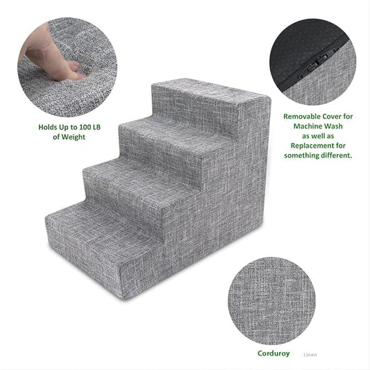 Best Pet Supplies Dog Stairs & Steps - Foam Steps for Small Dogs & Cats, Non-Slip Indoor Balanced Pet Step Support, Dog Ramp, No Assembly, Ash Gray Linen, 4-Step (18-inch Height)
