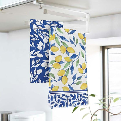 Italian Capri Blue Lemon Kitchen Dish Towels Set of 2, Amalfi Coast Italy Tile Pattern Citrus Drying Hand Towel Baking Cooking Cloth, Summer Mediterranean Bathroom Home Decoration 18'' x 26''