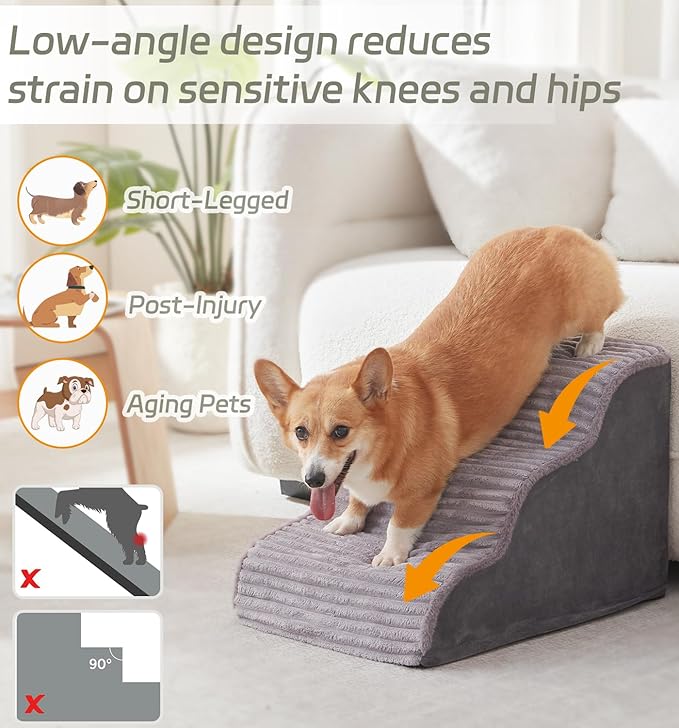 Dog Stairs for Small Dogs & Cats 22.5" H, High Density Foam Dog Steps Ramp for High Bed and Couch, Pet Stairs with Non-Slip Bottom and Remove Washable Cover, 5-Step Pet Steps, Grey