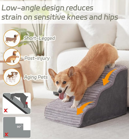 Dog Stairs for Small Dogs and Cats 18" H, High Density Support Foam Dog Steps Ramp for Bed and Couch, Pet Stairs with Non-Slip Bottom and Remove Washable Cover, 4-Step Pet Steps, Grey