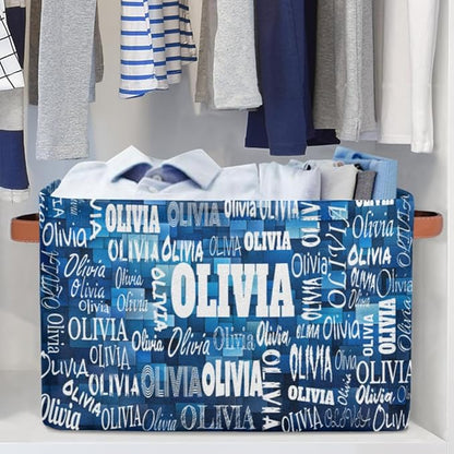 Personalized Storage Bins, Customized Name Storage Basket Rectangle Clothes Organizer for Organizing Kids and Pets Toys Shelf Closet, Blue Geometric Square