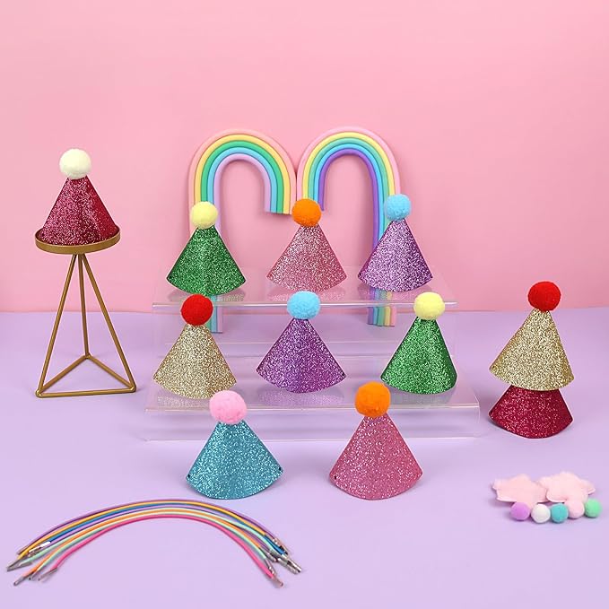 12 Pack Mini Party Hats for Stuffed Animals, Birthday Party Cone Hats Dolls Dog Cat Puppies Gittter Sequin Mni Hats for Assorted Animal Plush Toy Decorations - No Assembly Required