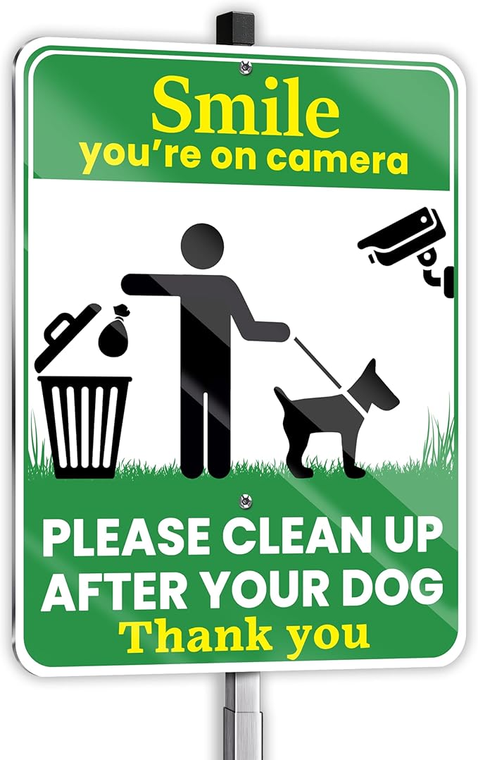Clean Up After Your Dog Sign, Smile Youre on Camera Sign, 10 x 13 Inch Reflective Aluminum Outdoor Yard Sign with 28 Inch Metal Stake