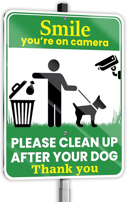 Clean Up After Your Dog Sign, Smile Youre on Camera Sign, 10 x 13 Inch Reflective Aluminum Outdoor Yard Sign with 28 Inch Metal Stake