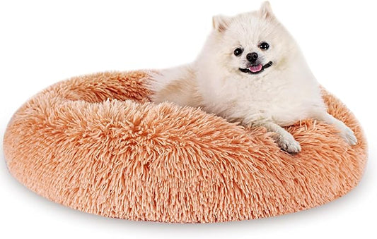 Calming Dog Bed for Small Dogs Cats, Kitty Puppy 23'' Round Anti-Anxiety Warm Fluffy Plush Faux Fur Bed, Soft Anti-Slip Donut Washable Small Pet Bed, Cozy Cat Puppy Bed, Fits up to 30 lbs Pets