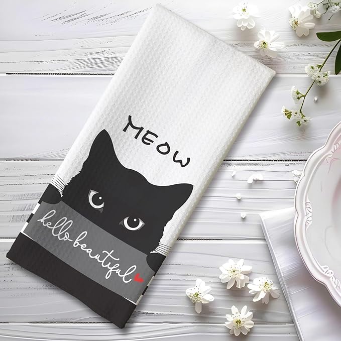 Cat Kitchen Towels, Cat Art with 'Beautiful' Compliment Motif, Flattering Hand Towel for Women Who Cherish Kittens & Pet Mom Devotees, Perfect for Decorating Kitchen