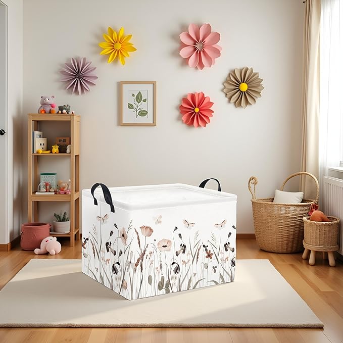 Rectangular Kids Storage Bin Gift Basket Baby Organizer Shelf Book Basket Room Decor(Flower Butterfly)