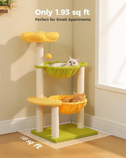 MUTTROS Flower Cat Tree with 2 Large Hammocks, 37.4" Small Cat Tower for Indoor Kitty with 6 Scratching Posts, Cute Cat Tree with Flower Top Perch, Yellow