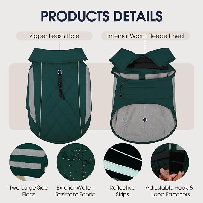 IECOii Dog Jacket for Broad & Deep-Chested Breeds- Reflective Winter Warm Coats Waterproof Vest Jacket Adjustable Cold Weather Coats, Snow & Rain Vests for Large Pets, Doberman, Green, Sizes 2XL
