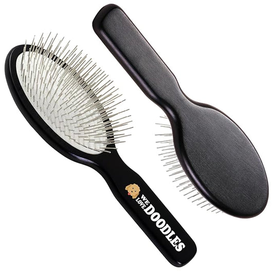 Pin Brush for Dogs, Pet Grooming Detangler Pin Dog Brush, Dog Brush for Shedding and Removing Loose Fur, Lightweight Beech Wood with Silver Plated Pins for Dogs with Long Hair [We Love Doodles]