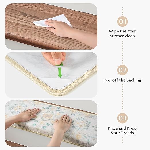 RORA Bullnose Carpet Stair Treads Non-Slip Stair Treads for Wooden Steps,Washable Stair Carpet,Floral Stair Rugs,Runner Indoor Stair Mats for Pets Elder,2pcs,29.5 ''x9.5 ”x1.5 '',Beige
