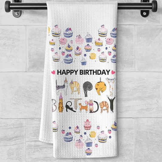 Happy Birthday Cat Kitchen Towels - Quick-Dry Cat-Shaped Letter Spell-Out Art, Decorative Dish Towel for Celebratory Pet Moms & Feline Ladies | Whimsical Hand Cloth Home Accent, Purrfect Birthday Gift