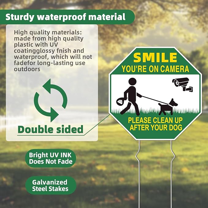 Clean UP After Your Dog Signs, 4-Pack 10"x10" Double-Sided Metal Stakes Smile Your on Camera Signs, Pick Up After Your Dog Sign for Yard