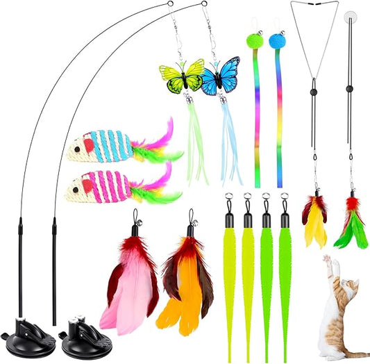 HONGDDY Cat Toys for Indoor Cats, 14Pcs 4 in 1 Cat Interactive Toys, Hanging Door Kitten Wand with Suction Cup Removable Feathers Balls Mice Butterfly Streamers