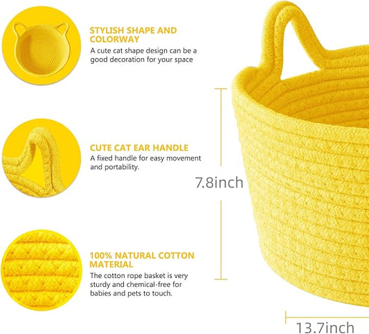 Large Cat Ears Toy Organizer, Woven Cotton Rope Basket, Decorative Nursery Bins & Boxes Gift Basket Empty for Baby Pet Toy Storage