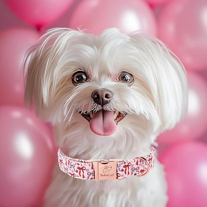 Pink Dog Collar for Female Small Dogs - Cute Bow Pattern Girl Dog Collar for Spring Summer, Adjustable Heavy Duty Pet Valentines Collars with Metal Buckle XS