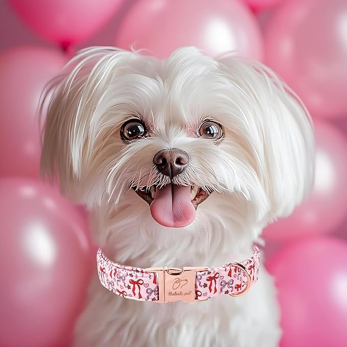 Pink Dog Collar for Female Large Dogs - Cute Bow Pattern Girl Dog Collar for Spring Summer, Adjustable Heavy Duty Pet Valentines Collars with Metal Buckle XL