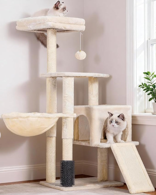 Heybly Cat Tree with Cat Self Groomer Brush, Cat Tower Condo for Indoor Cats with Padded Plush Perch, Cat House with Basket Scratching Board Post, Beige HCT005SM