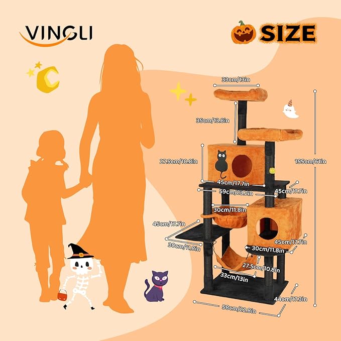 VINGLI 61.1in Halloween Cat Tree, Large Cat Tower with 2 Cat Condos, 2 Padded Perches, 2 Hammocks, Scratching Posts & Hanging Toy, Black & Orange Multi-Level Cat Furniture for Large Cats