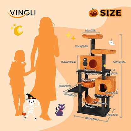 VINGLI 61.1in Halloween Cat Tree, Large Cat Tower with 2 Cat Condos, 2 Padded Perches, 2 Hammocks, Scratching Posts & Hanging Toy, Black & Orange Multi-Level Cat Furniture for Large Cats