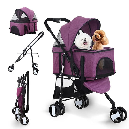NChanmar Dog Stroller Cat Pet stoller 3-in-1 Folding for Small Medium Dogs Cats with Detachable Carrier Storage Basket Waterproof Lightweight Travel,Purple, 3 Wheels, 7.0 kilograms