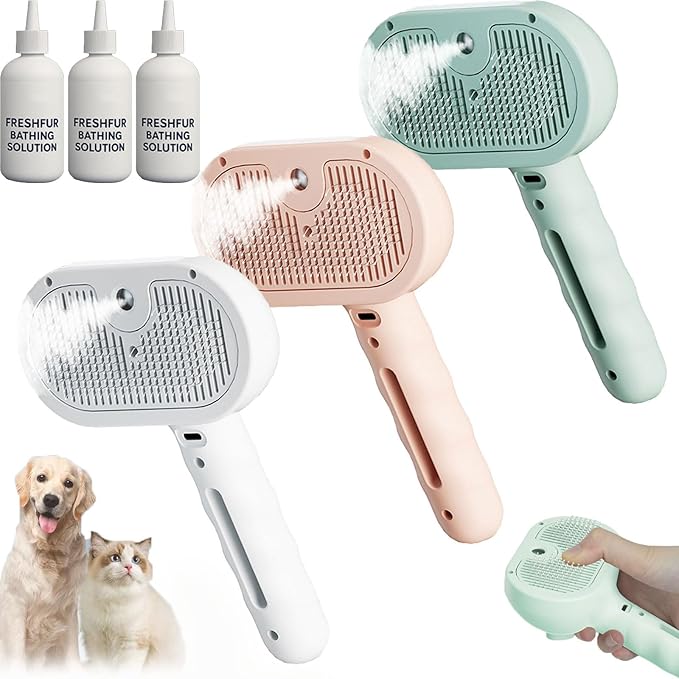 Shower Brush for Dogs, 3-in-1 Pet Grooming Brushes with Steam & Self-Cleaning Silicone Bristles