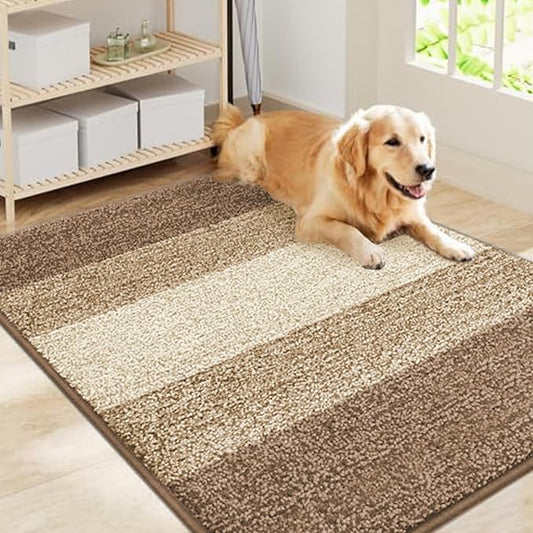 Smiry Dog Door Mat for Muddy Paws, Absorbs Moisture and Dirt, Low-Profile Entryway Mat with Non-Slip Backing, Entry Indoor Outdoor Doormat for Inside Floor (40x32 Inches, Khaki, Striped)