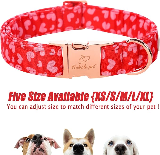 Valentines Dog Collar, Red Pink Heart Valentine Pet Collar with Metal Buckel, Durable Adjustable Holiday Dog Collars for Small Medium Large Dogs XL