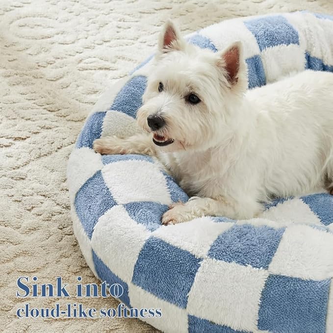 Checkered Dog Bed, Cute Blue Retro Style Aesthetic Round Warming Pet Calming Beds for Small Dog and Cats, Plush Cozy Donut Dog Beds Washable, 30" L x 30" W x 8" Th