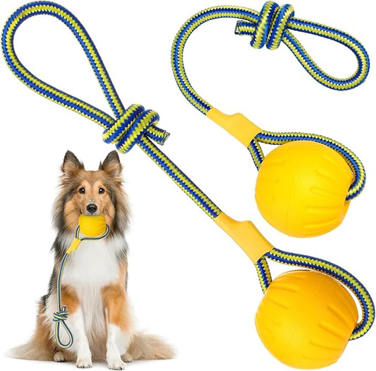 Hsei 2 Pcs Large Dog Ball on a Rope Rubber Dog Toy with Handle Ball Yellow Floats in Water for Tug Training Rewards Interactive Pet Fetch Catch Throw Outdoor Puppy Teething Medium Pet
