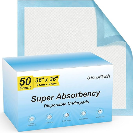 50 Count 36" x 36" Super Absorbency Disposable Underpads - Leakproof Quick Drying Pads for Baby, Puppy & Adults, Bed Pads, Incontinence & Dog Pee