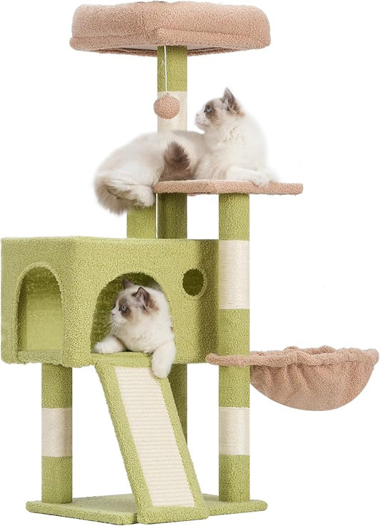 Gitelsnour Cat Tree, 41.3" Cat Tower for Indoor Kittens with Scratching Board and Posts, Multi-Level Cozy Cat Condo with 2 Perches, Hammock, Balls, Green and Yellow GCT005SGY