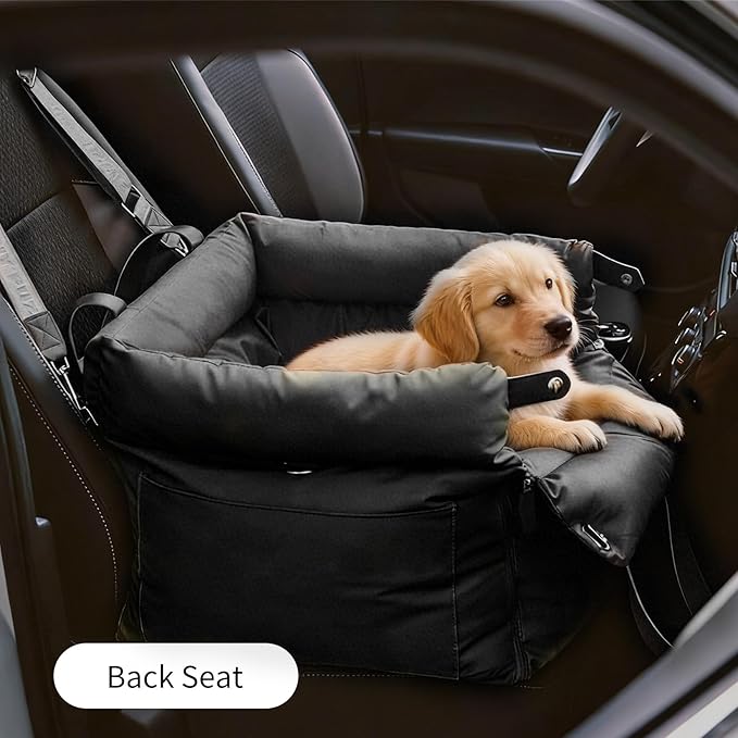 Garvee Dog Booster Car Seat, Waterproof PU Leather Upholstered Cat Bed for Car with Storage Pockets Portable Pet Seat, Bite-Resistant Pet Carrier Bag for Travel and Home, Black