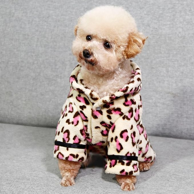 Small Dog Bathing Towel, Adjustable Dog Bath Robe for Cold Weather, Puppy Pajamas Warm Flannel Dogs Pjs, Pet Coats for Small Dogs Pink Leopard S