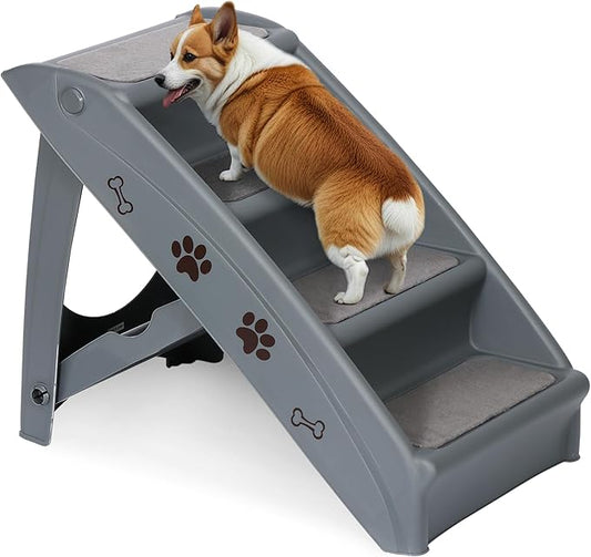 Foldable Pet Stairs with Non-Slip Surface, Portable Dog Steps Ramp for High Beds, Couches, Cars and SUVs, Support Up to 150lbs, Waterproof, Grey