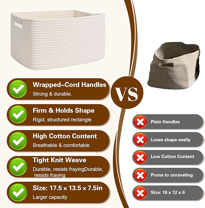 2 Pack Large Storage Basket for Organizing, 17.5"x13"x7" Woven Basket for Shelves, Closet Cube Storage Bins with Wrapped Handle, Cotton Rope Baskets for Kitchen, Clothes, Toys(Off White)