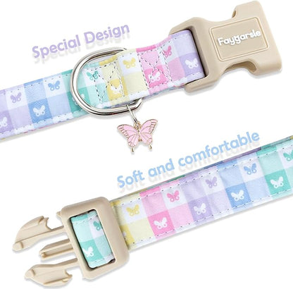 Faygarsle Pastel Butterfly Print Dog Collar, Adjustable with Quick-Release Buckle, Lightweight Summer Design for Small Medium Large Dogs Colorful L