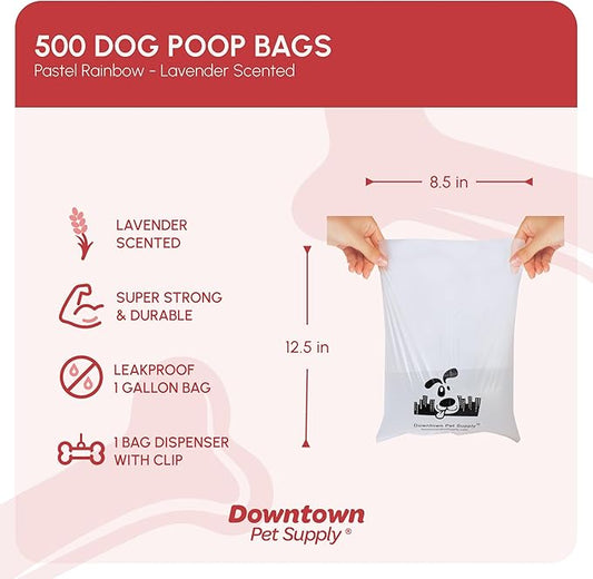 Downtown Pet Supply Scented Poop Bags for Dogs with Dispenser, 500 Count - Leak-Proof Dog Waste Bags and Bone-Shaped Dog Poop Bags Holder for Leash - Lavender Scented, 12.5" x 8.5"