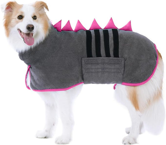 Super Absorbent Dog Bathrobe, Microfiber Bath Robe Towel for Fast Drying, Cozy Fit, Adjustable Belly Strap, Unique Dinosaur Design Dog Drying Coat for Bath, Rainy Walks & Cold Weather