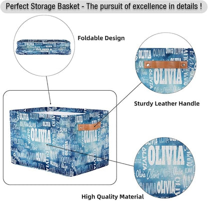Custom Name Storage Bin, Personalized Rectangular Storage Basket with Handles for Organizing Boys Girls Toys Office Closet Shelf Baskets, Watercolor Blue Starry Night