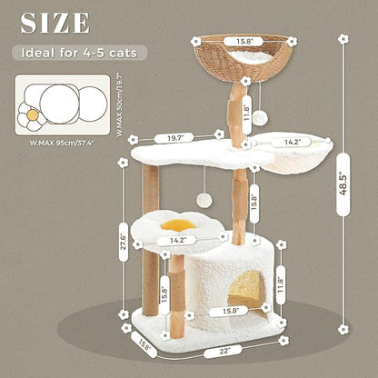 PETEPELA 48.5" Modern Cat Tree for Large Cats, Natural Solid Wood Cat Tower with Big Rattan Basket, Cozy Condo & Flower Cat Tree with Large Hammock for Indoor Cats, Kittens