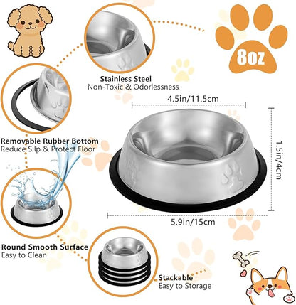 Stainless Steel Cat Bowl, 2 Pack Metal Dog Bowls for Food and Water, Non-Slip Pet Feeding Dish Bowl with Rubber Base for Indoor Cats Small Dogs