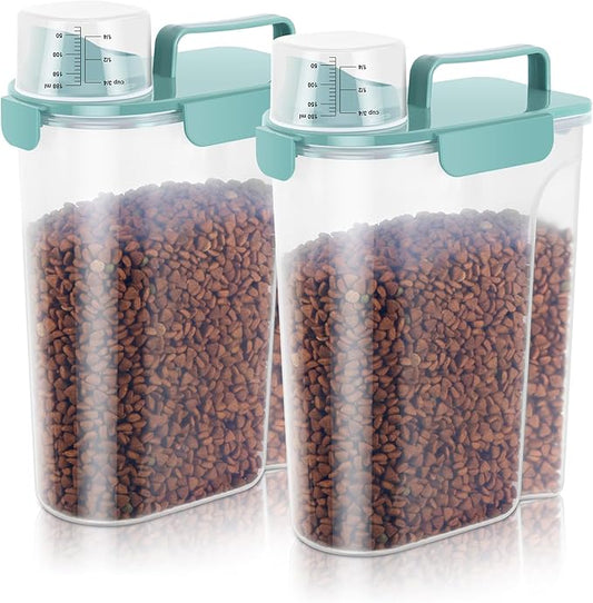 5-7Lbs Dog Cat Food Storage Container with Upgraded Large Nozzle BPA-free, 4 Snap Seals Plastic Pet Food Storage Containers with Handles (Elegant Blue, 5L-2pack)