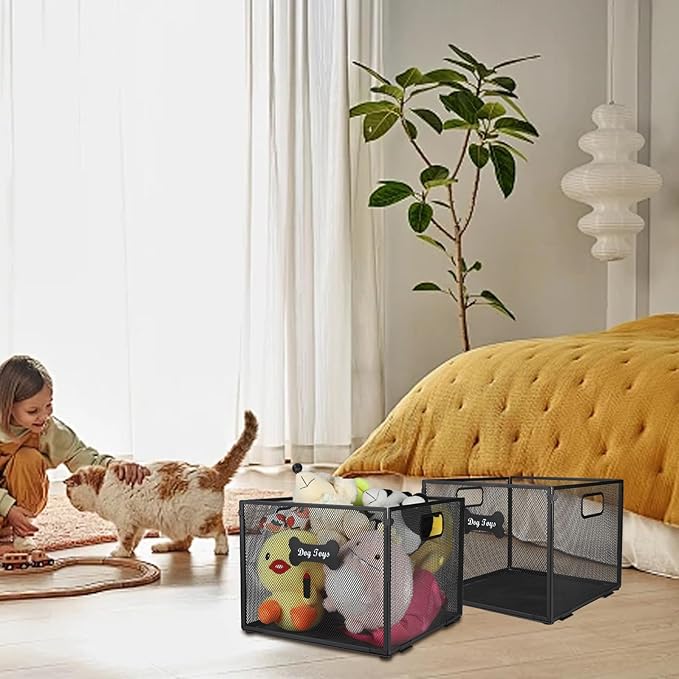 2pack Dog Toy Box, Large Metal Dog Toy Basket-Wire Mesh Basket-Cute Pawprint Dog Bone-Pet Accessory Rust-Resistant Finish-for Cat Toys Organization & Storage